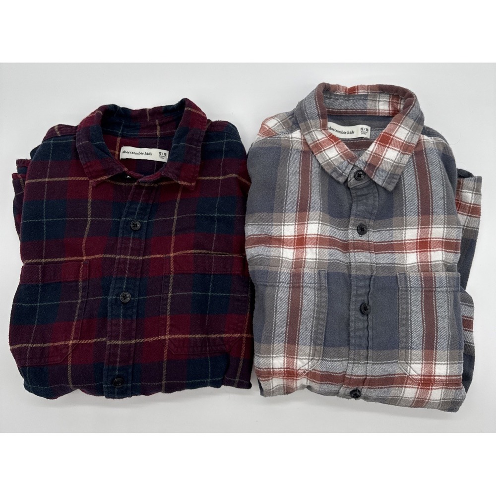 ABERCROMBIE KIDS Set of 2 Plaid‎ Flannel Shirts Sz 15/16 Red/Blue and Brown/Blue